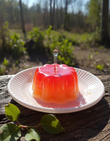 panna cotta with strawberry jelly on wooden table in the gardenの写真素材