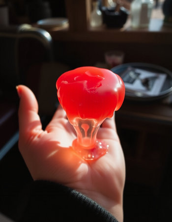 Red jelly in the hand of a girl on the background of a restaurantの写真素材