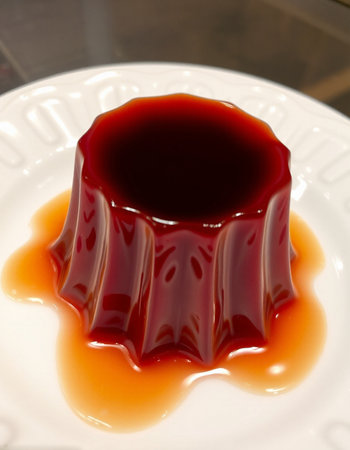 Panna cotta with red sauce on a white plate closeupの写真素材