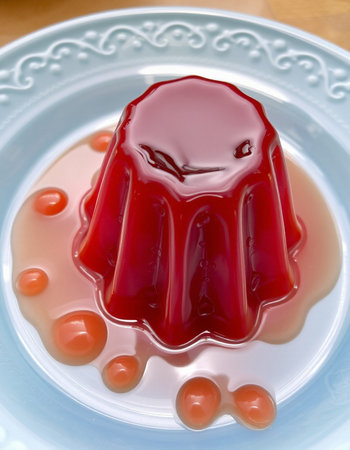 Jelly pudding with red jelly on a white plate, close up