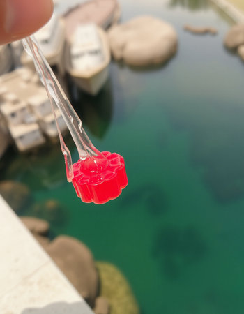 Closeup of red candy on a stick with blurred background