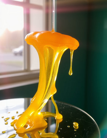 Honey dripping from a pipette into a glass vase.の写真素材
