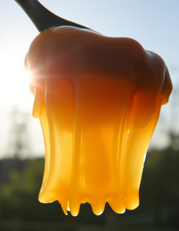 Honey dripping from a spoon against the background of the setting sunの写真素材