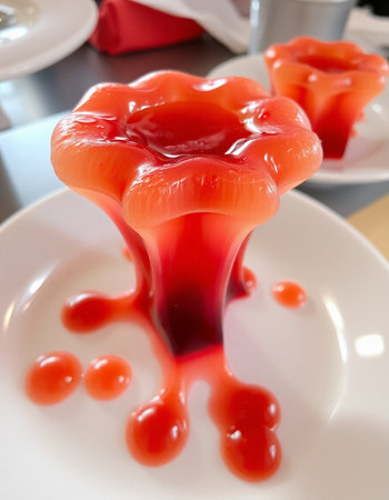 Strawberry jelly in a white plate on a restaurant table.の写真素材