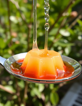 Passion fruit jelly in a spoon on a background of green leavesの写真素材