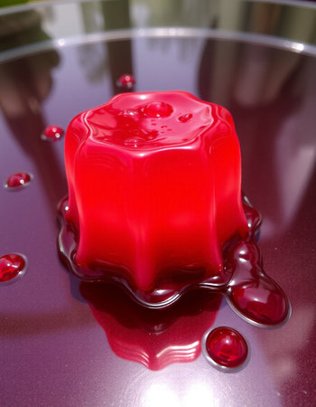 Red jelly on a red background with water drops, close-upの写真素材