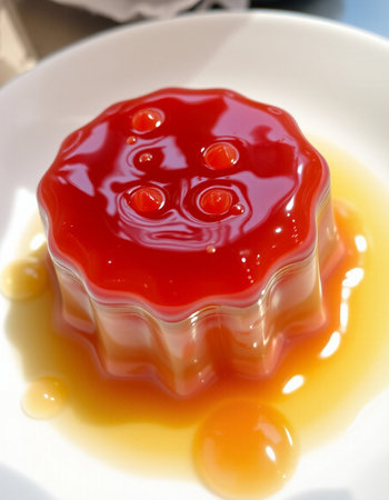 panna cotta with cherry jelly on white plate, close up