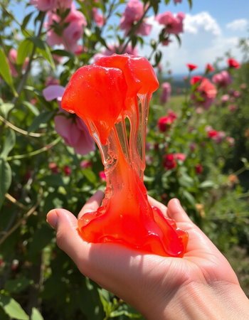 Red substance in the hand on a background of pink flowers in the gardenの写真素材