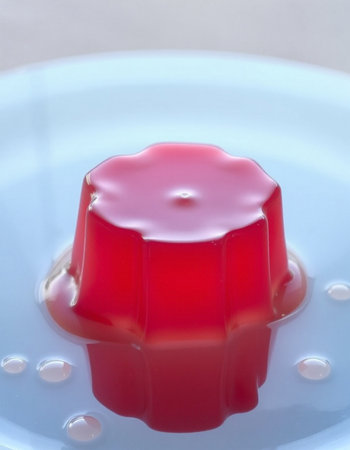 Red jelly on a blue plate, close-up, top viewの写真素材