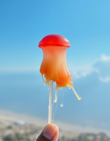 Jellyfish on a stick on a background of the blue skyの写真素材