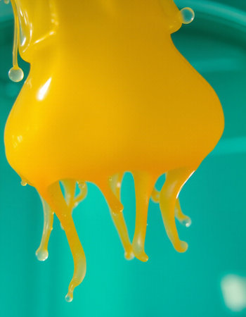 Honey dripping from a yellow bottle on a green background. Macroの写真素材
