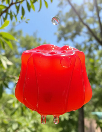 Hanging red jelly candies with water drops on a sunny day