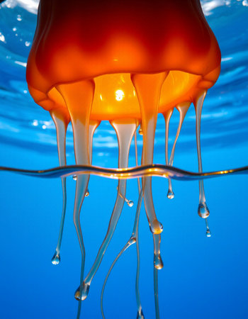 3d rendering of jellyfish in water with reflection on blue backgroundの写真素材