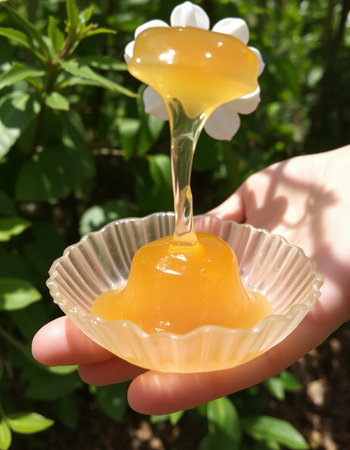 Honey is poured from a spoon into a bowl in the gardenの写真素材