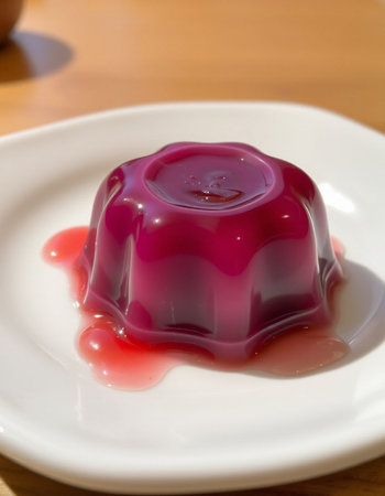 Jelly pudding with red jelly in white plate on wooden table.の写真素材