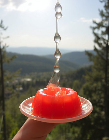 Red jelly in hand on the background of the mountains and forest.の写真素材