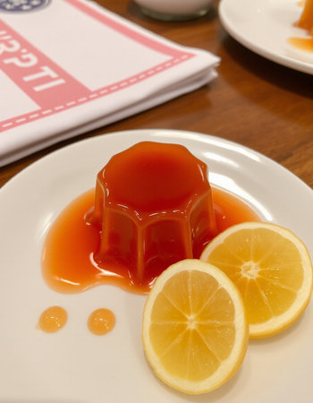 jelly pudding with lemon and caramel sauce on the wooden table.
