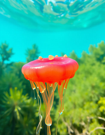 Jellyfish floating in the ocean. Colorful jellyfish.の写真素材
