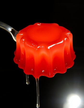Red jelly on a spoon, close-up, on a black background
