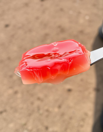 Red jelly on a stick. Selective focus.の写真素材