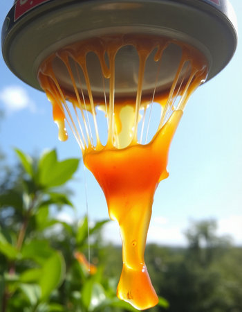 Honey dripping from a can on a background of blue sky.の写真素材