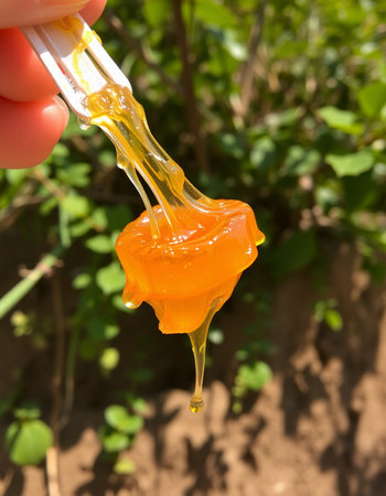 Honey dripping from a spoon into a bowl on a background of green plantsの写真素材