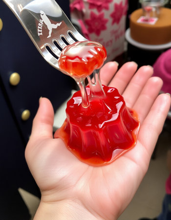 Hand holding cherry jelly with a fork, shallow depth of field.の写真素材