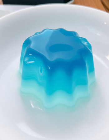 Blue jelly pudding on a white plate, closeup of photo.の写真素材