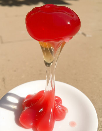 Red jelly pouring from a spoon into a white plate.の写真素材