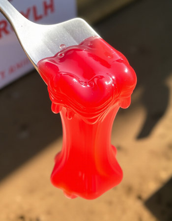 Red jelly on a fork in a street food market, closeup of photoの写真素材