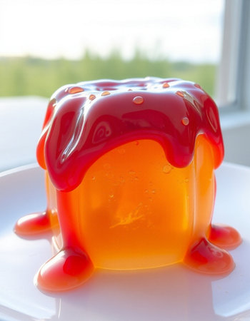 Jelly pudding with strawberry sauce on a white plate on the windowsillの写真素材