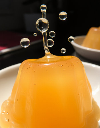 Orange fruit jelly with water drops on a white plate in a restaurantの写真素材