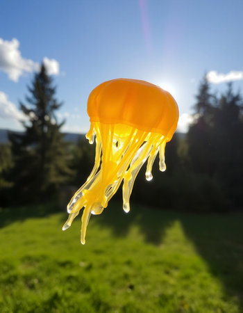 Jellyfish floating in the air against the background of the forestの写真素材