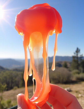 Close up of a hand holding a piece of orange slime in the sunの写真素材