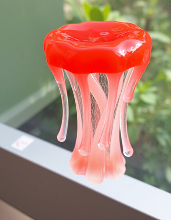 Red jellyfish on the table in front of the window, stock photo