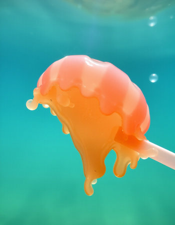 Honey dripping from a lollipop in front of a blue background