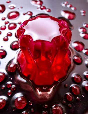 Macro shot of a red jelly on a dark background with water dropsの写真素材