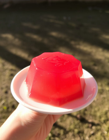 Red jelly on a white plate in a woman's hand in the garden