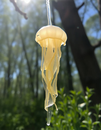 Jellyfish hanging on a rope in the forest, closeup of photoの写真素材