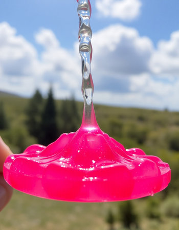 Water flows from a pink plastic object on a background of the mountainsの写真素材