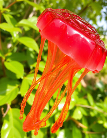 Red jellyfish with green leaves in the background, closeup of photoの写真素材