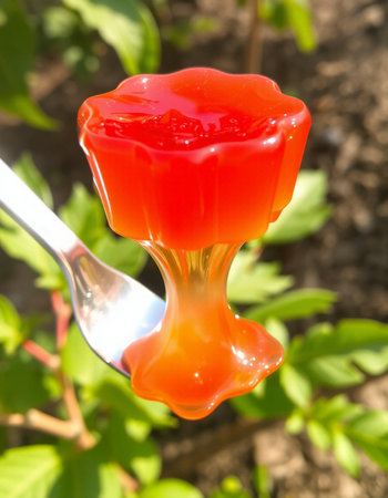 Red jelly candies on a fork in the garden close-upの写真素材