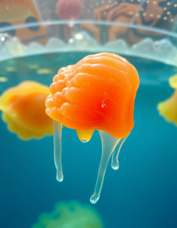 Orange jellyfish floating in the water on a blue background. 3d renderingの写真素材