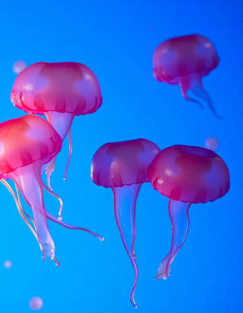 Jellyfish floating in the water on a blue background close up