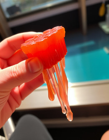 Fruit jelly in hand on the background of the swimming pool.