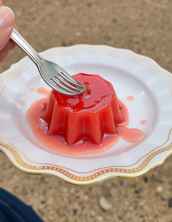 A strawberry jelly on a white plate with a fork in hand.の写真素材