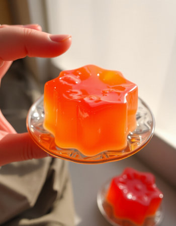 Fruit jelly in the hands of a woman close-up.の写真素材