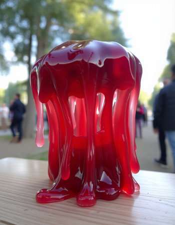 Red jelly on a wooden table in the park, close-upの写真素材