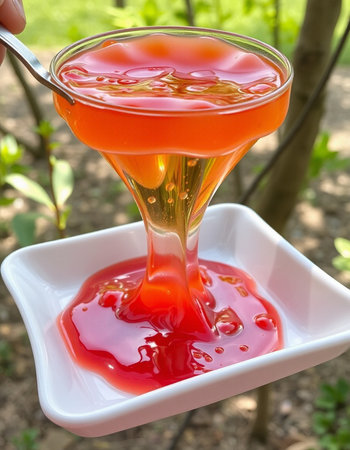 strawberry jam in a glass bowl on a background of green leavesの写真素材