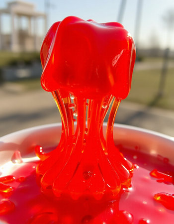 Jellyfish in a bowl of red jelly in the park.の写真素材